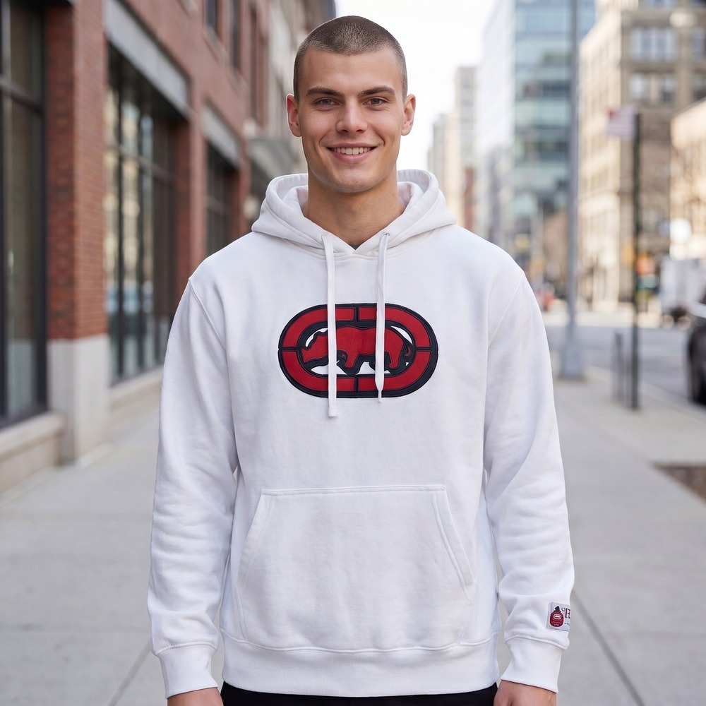 NEW Ecko Unltd Mens Rhino Logo Fleece Hoodie White Red Large Streetwear Pullover